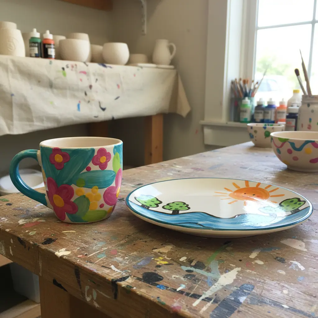 Colorful pottery pieces on display at the studio